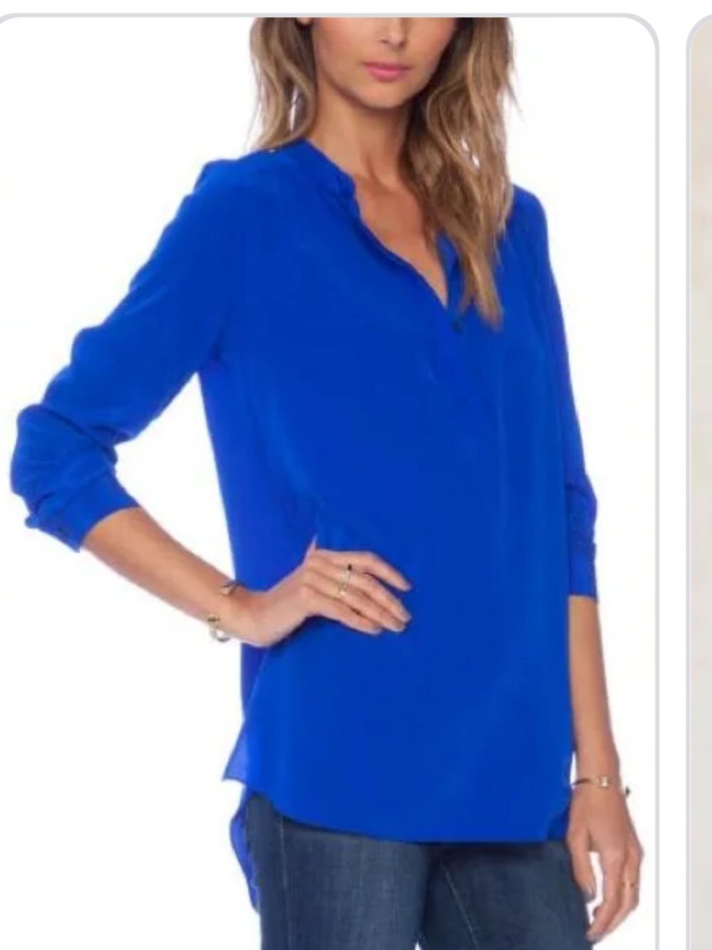Amanda Uprichard 100% Silk Royal Blue Ruffle Mock Neck Blouse Size L